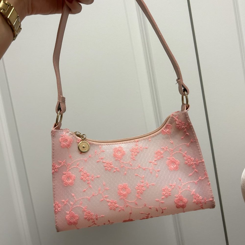 pink Floral Embroidered Baguette Bag